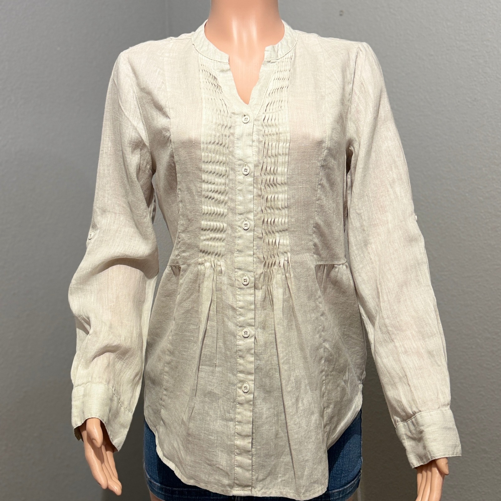 Malvin I Love Linen Tunic Blouse Women's Medium Beige Pintuck Button Down